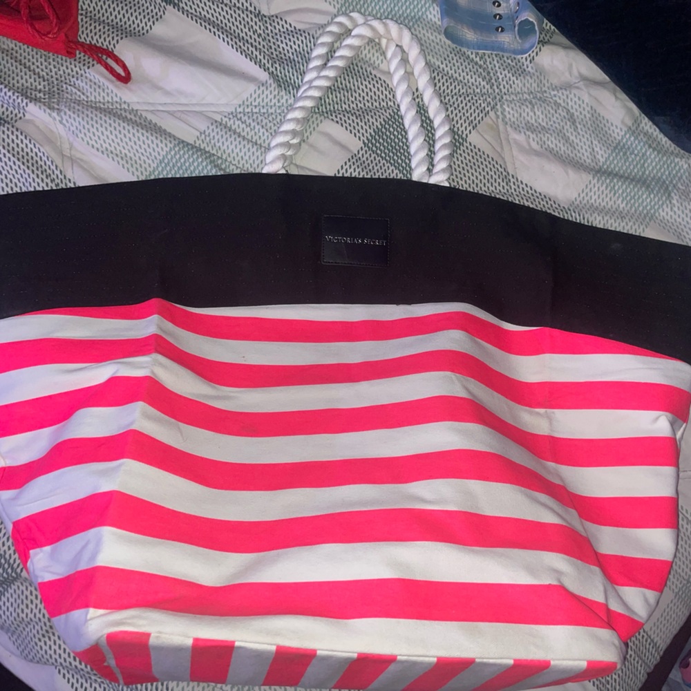 Striped Pink and White Beach Tote with Black Trim